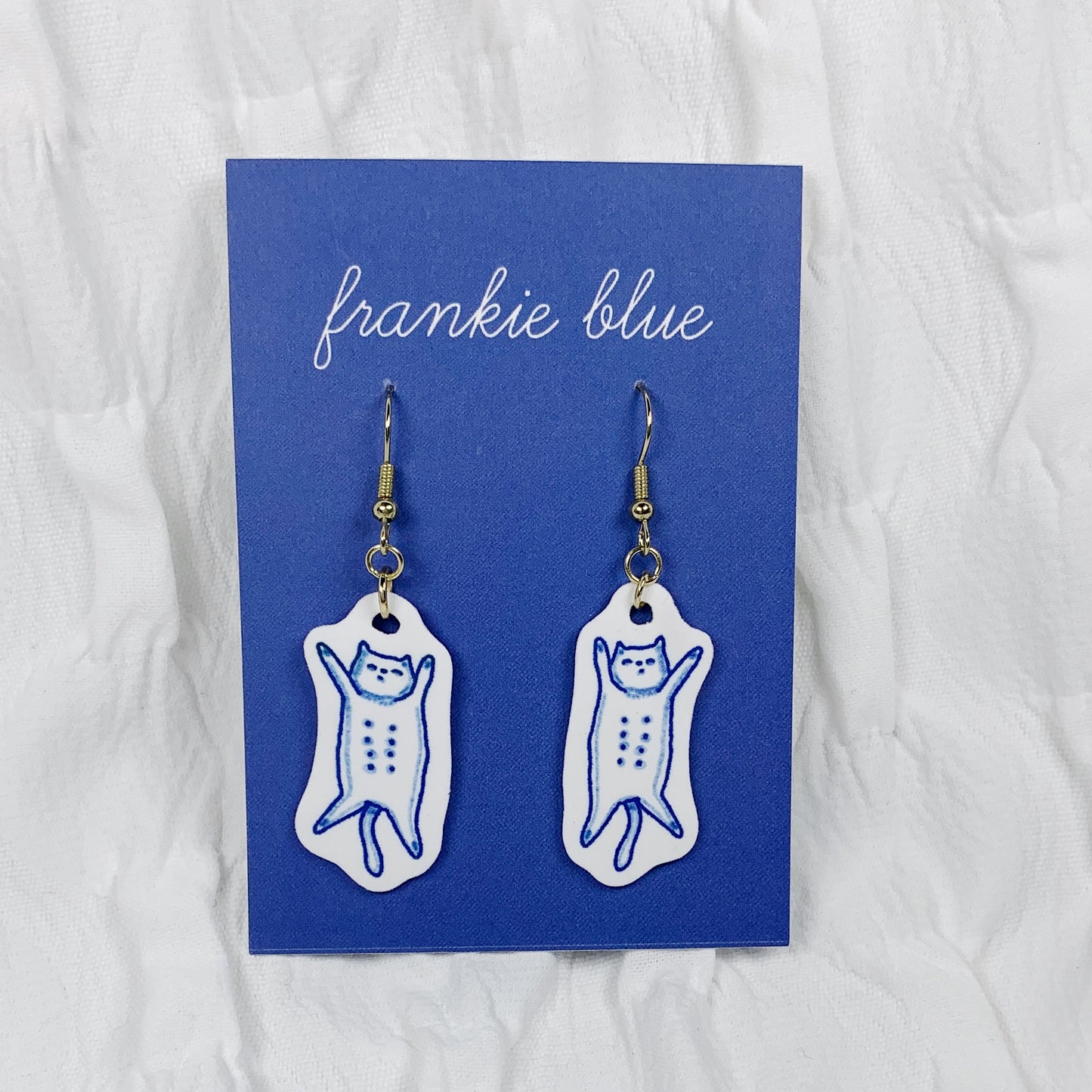 Touch My Belly Cat Earrings – Blue & White Hand-Drawn Acrylic