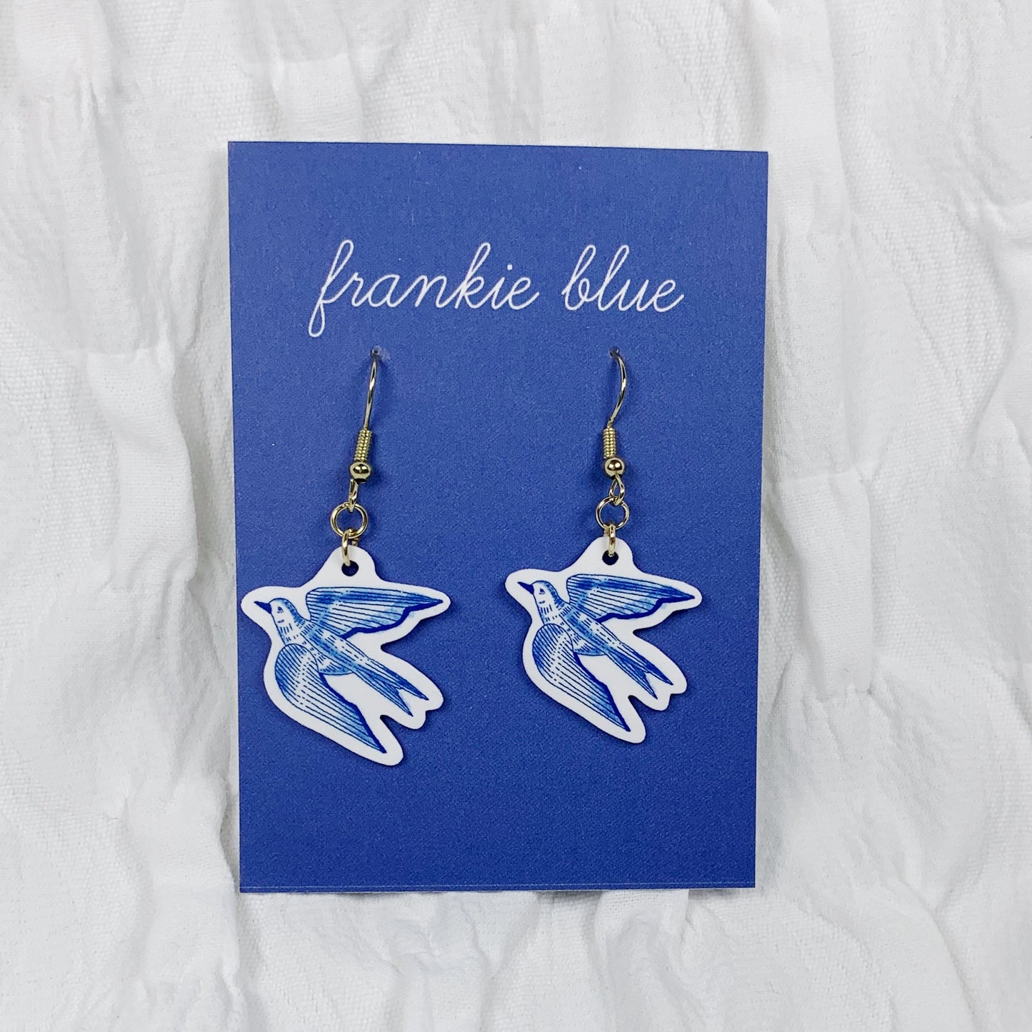 Handmade Swallow Earrings – Blue & White Acrylic Jewelry with Hypoallergenic Stainless Steel Hooks