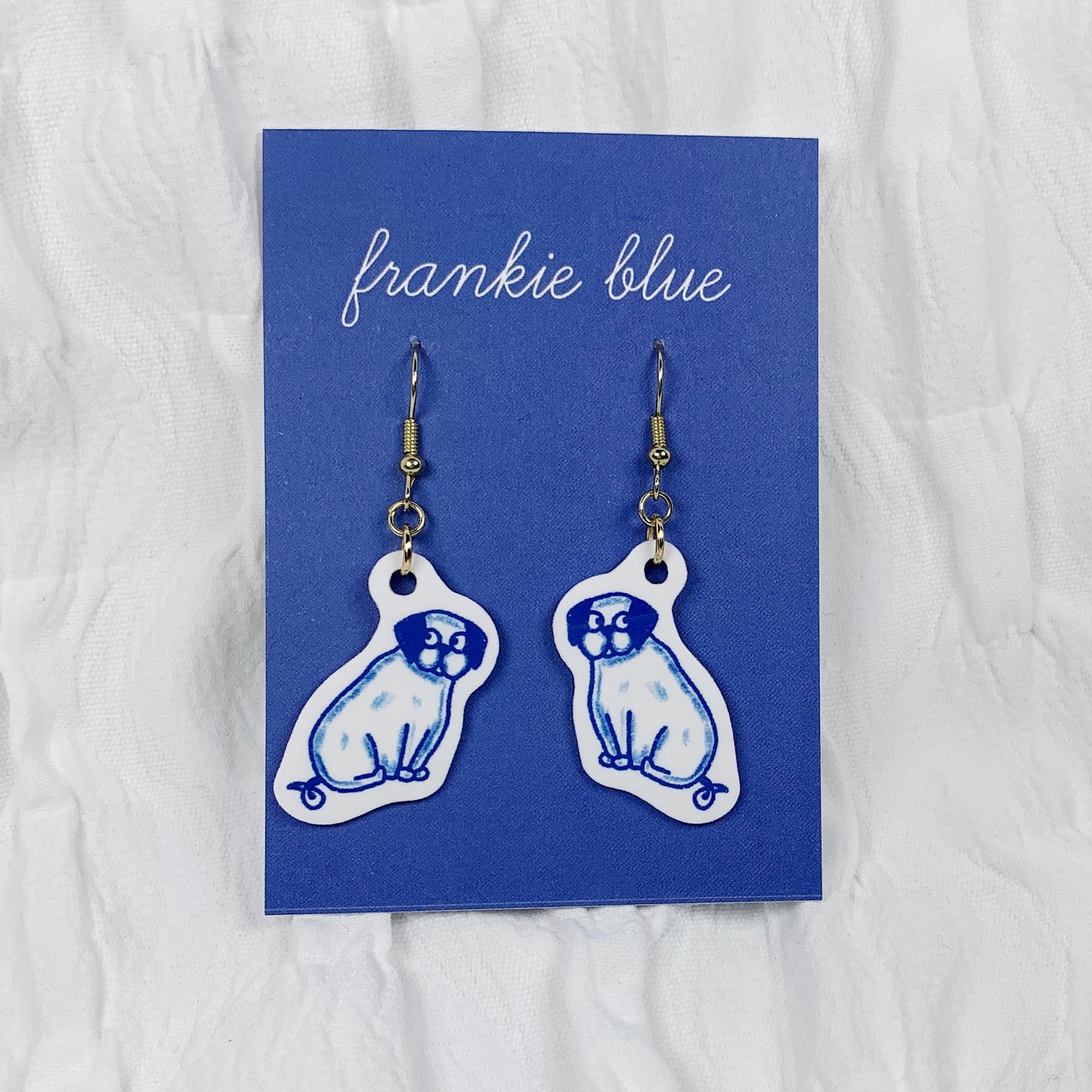 Handmade Sitting Pug Earrings – Blue & White Acrylic Jewelry with Hypoallergenic Hooks