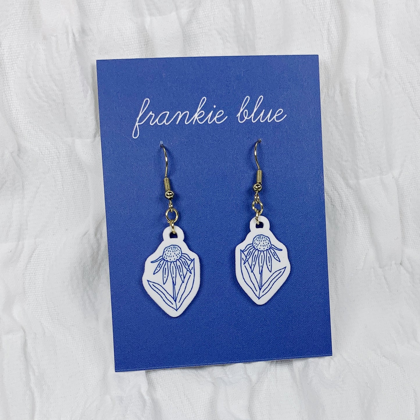 Handmade Echinacea (Coneflower) Earrings – Blue & White Acrylic Jewelry with Hypoallergenic Stainless Steel Hooks