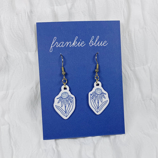 Handmade Echinacea (Coneflower) Earrings – Blue & White Acrylic Jewelry with Hypoallergenic Stainless Steel Hooks