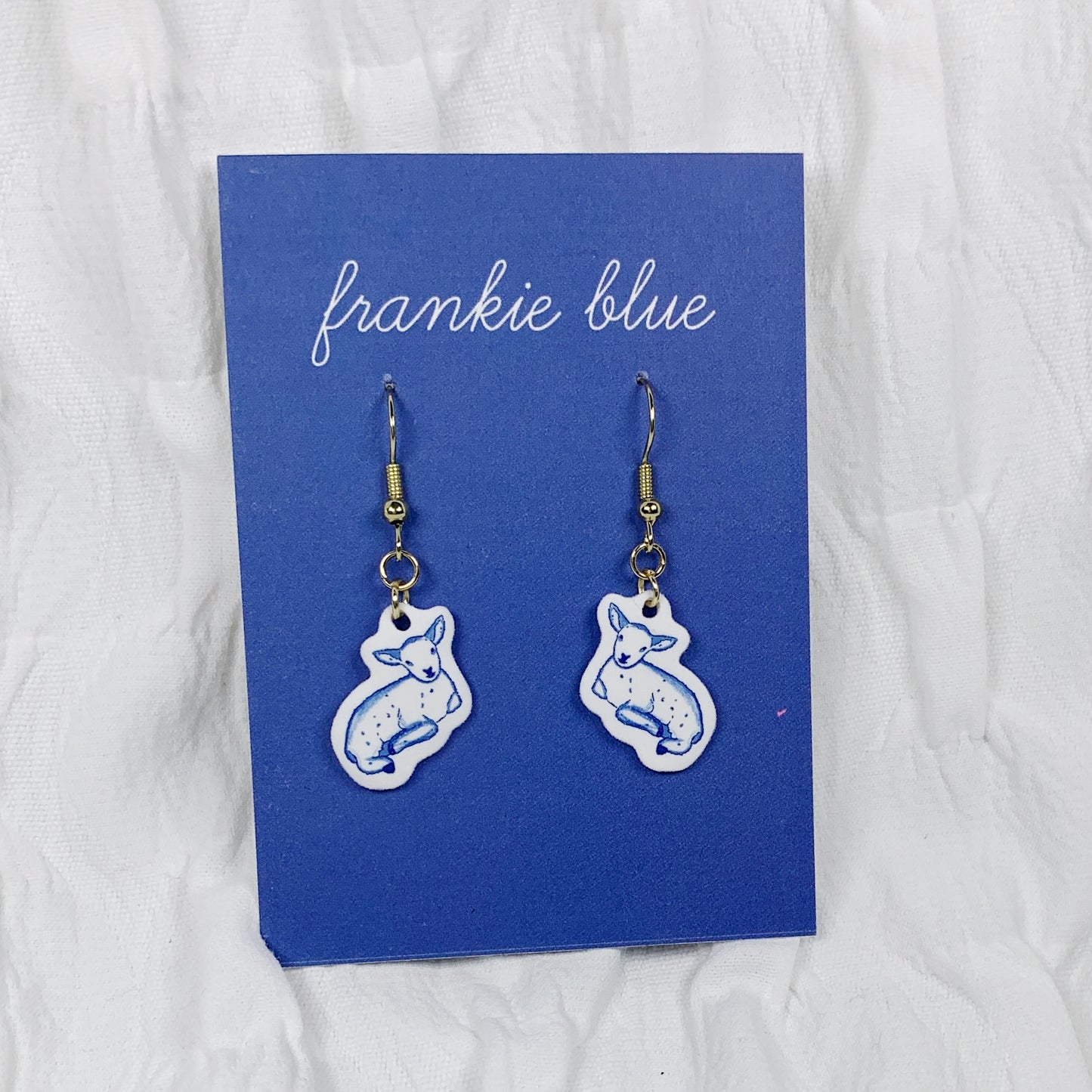Handmade Sitting Lamb Earrings – Blue & White Acrylic Jewelry with Hypoallergenic Stainless Steel Hooks
