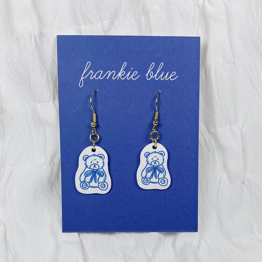 Handmade Teddy Bear Earrings – Blue & White Acrylic Jewelry with Hypoallergenic Stainless Steel Hooks