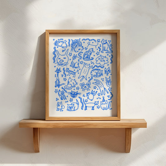 Blue Cats Indigo Ink Art Print